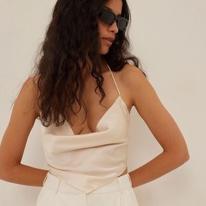 NA-KD Champagne V-shape Cowl Neck Satin Top | Size 36 Small